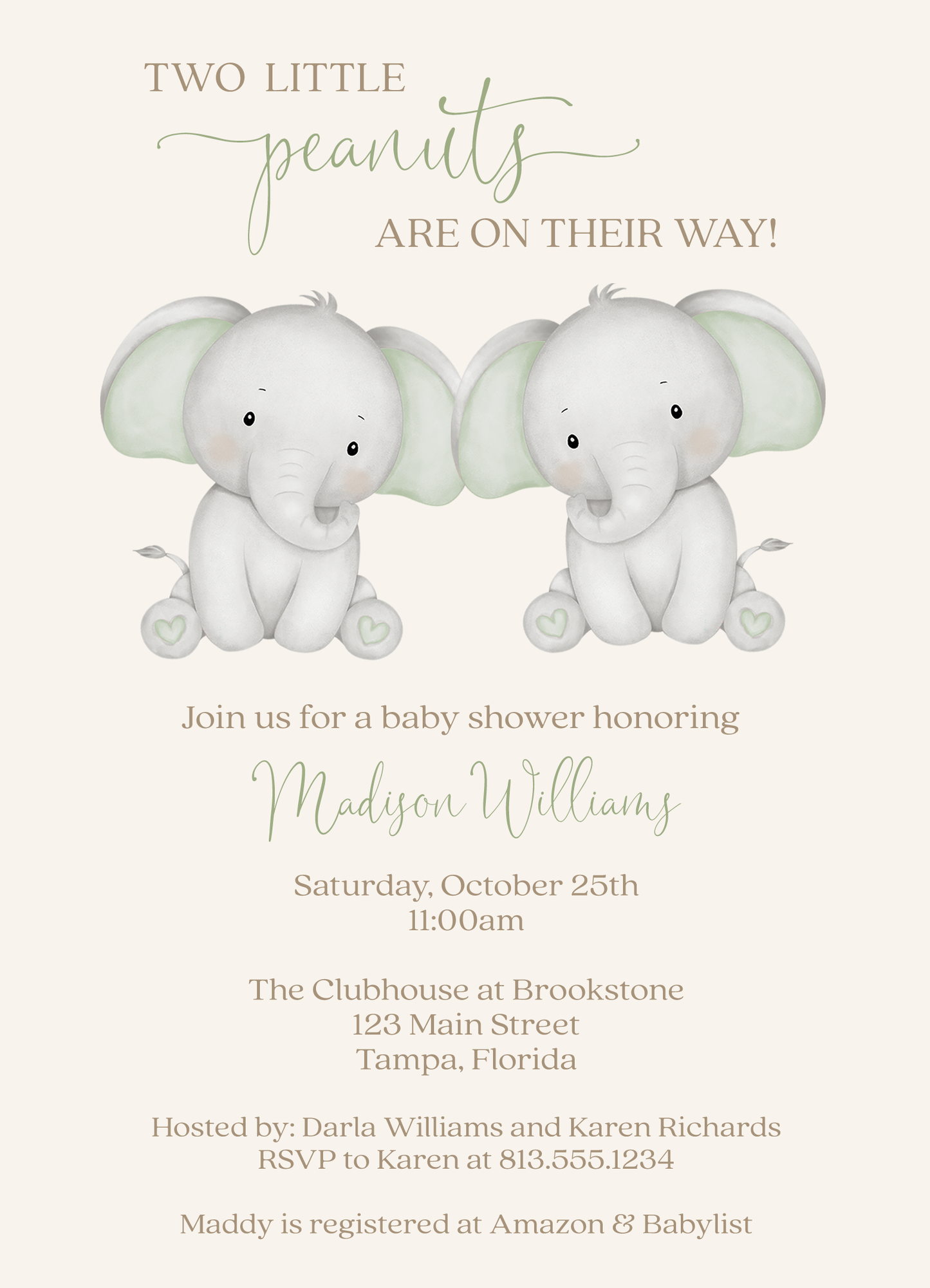 Twin Elephant Baby Shower Invitation