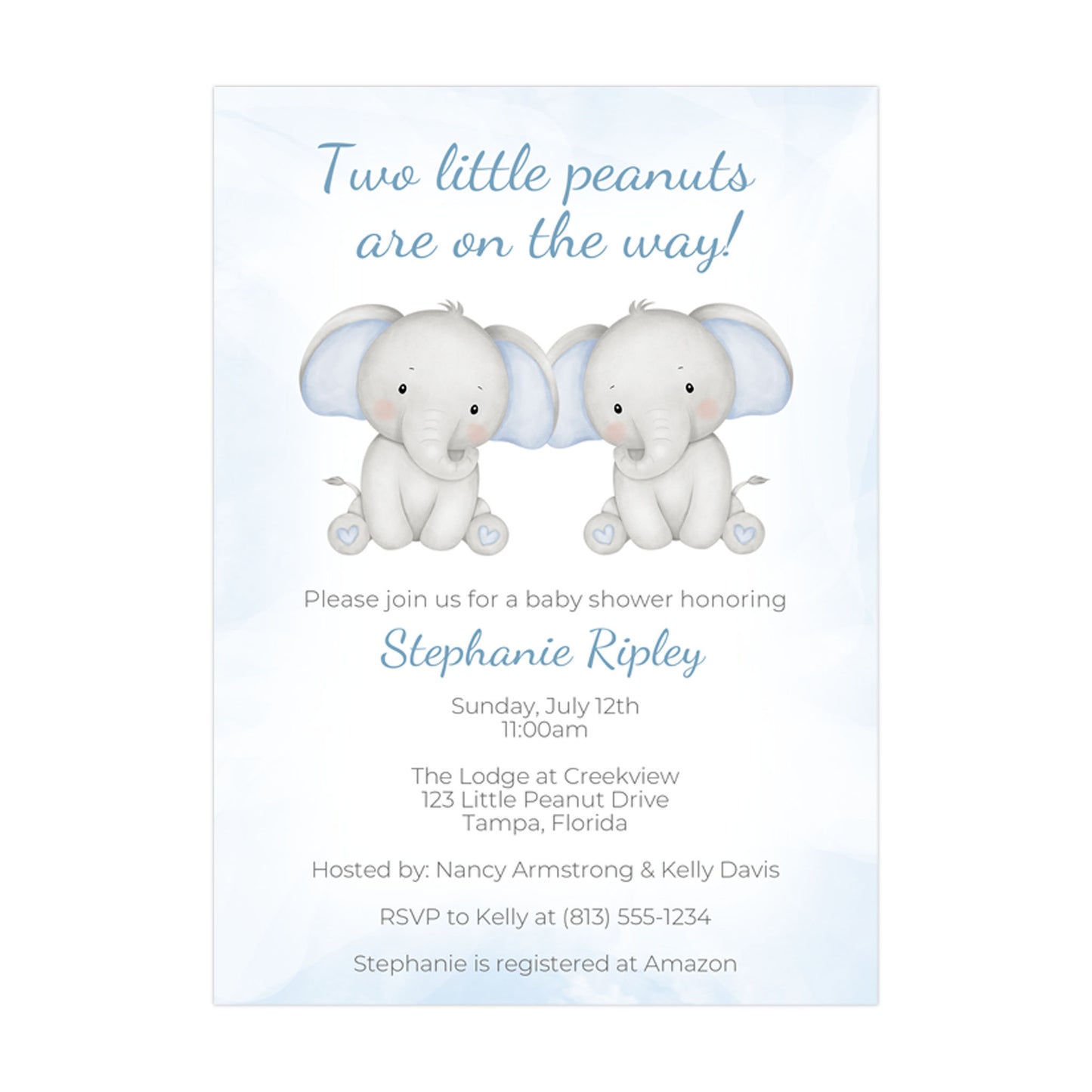 Twin Elephant Baby Shower Invitation