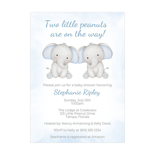 Twin Elephant Baby Shower Invitation