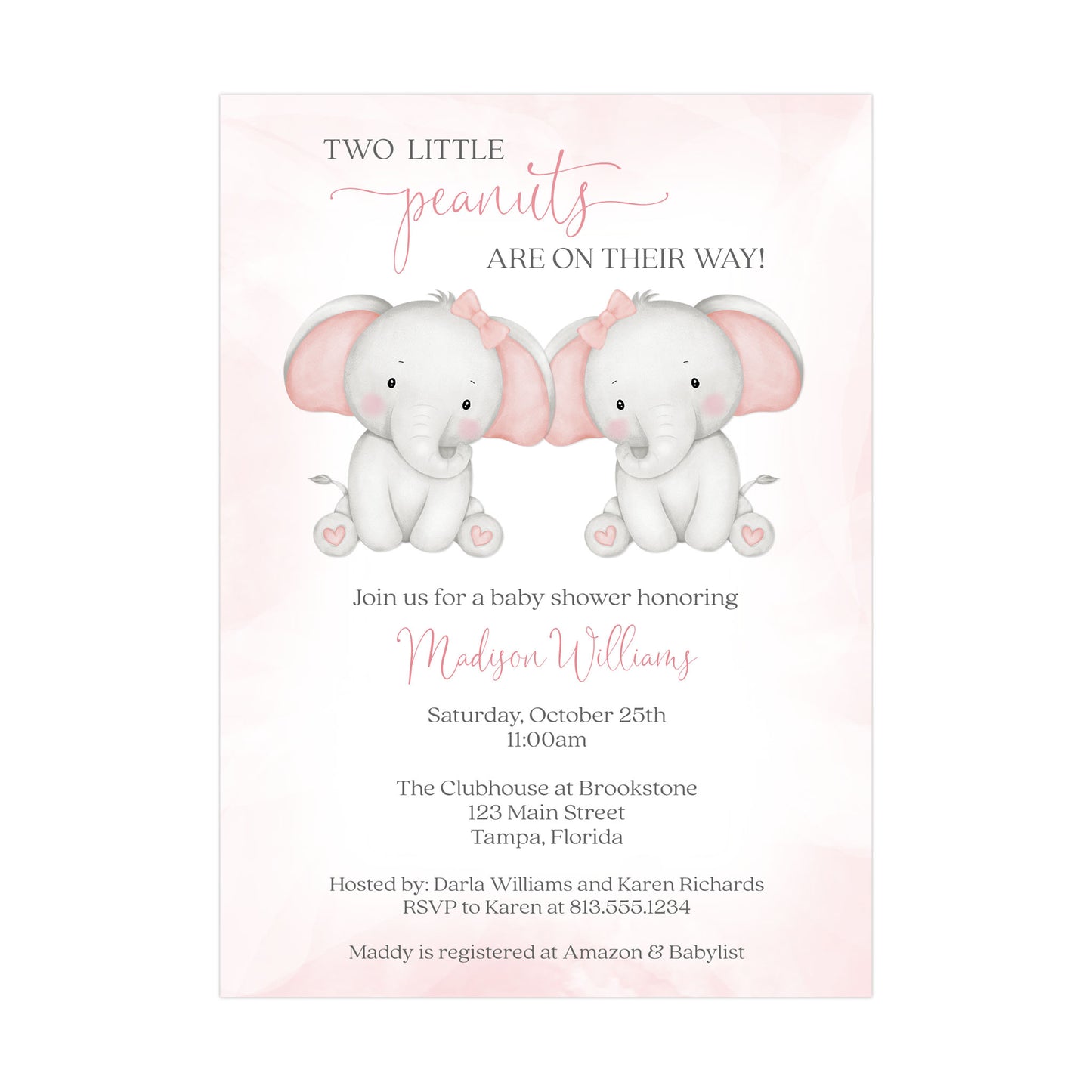 Twin Elephant Baby Shower Invitation