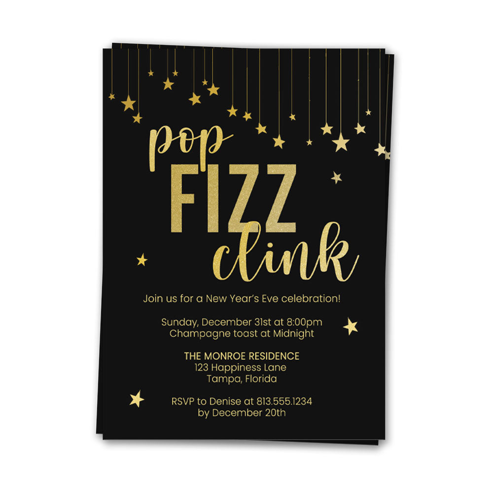 New Year’s Eve Party Invitations, Pop Fizz Clink Champagne Toast Celebration, Gold or Silver Stars