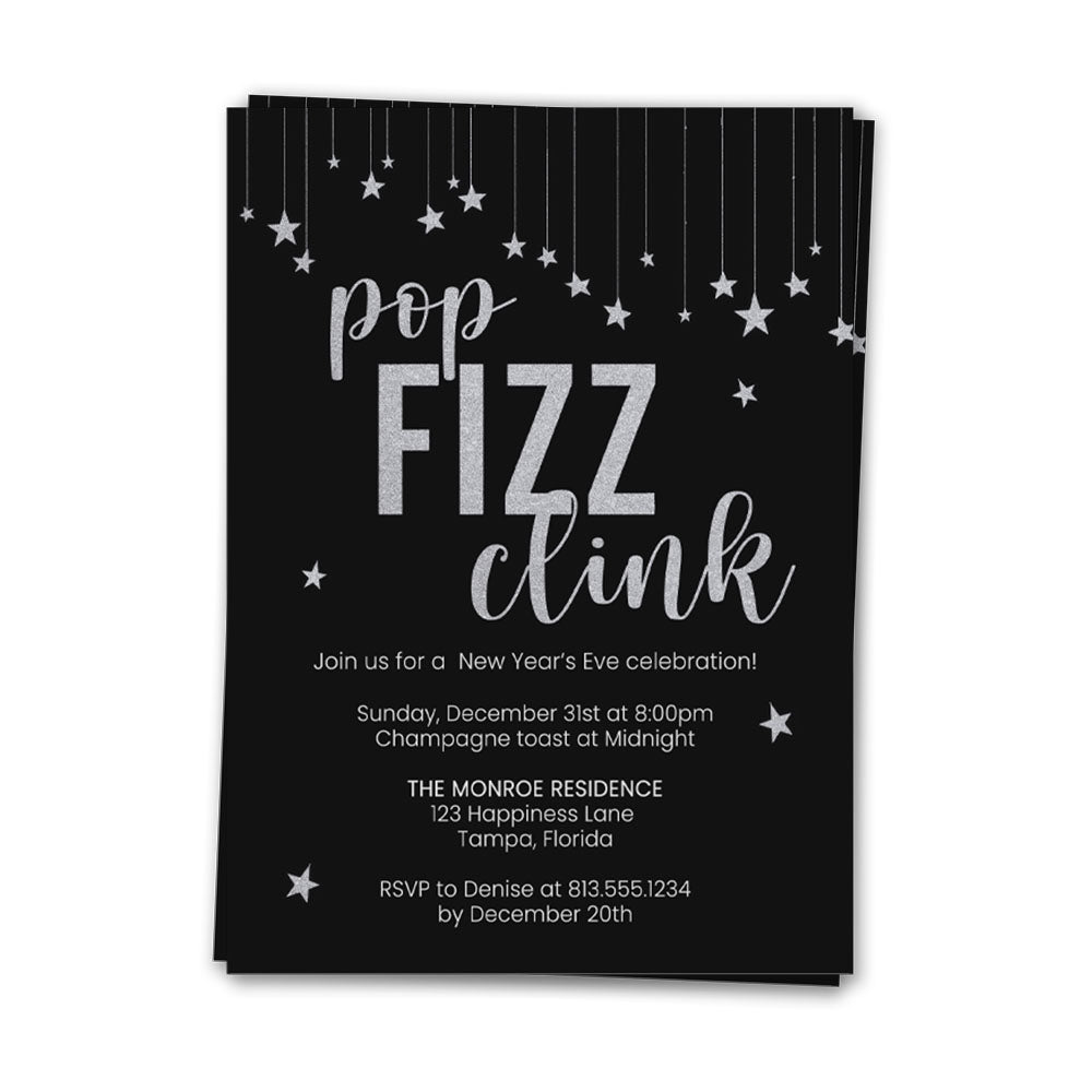 New Year’s Eve Party Invitations, Pop Fizz Clink Champagne Toast Celebration, Gold or Silver Stars