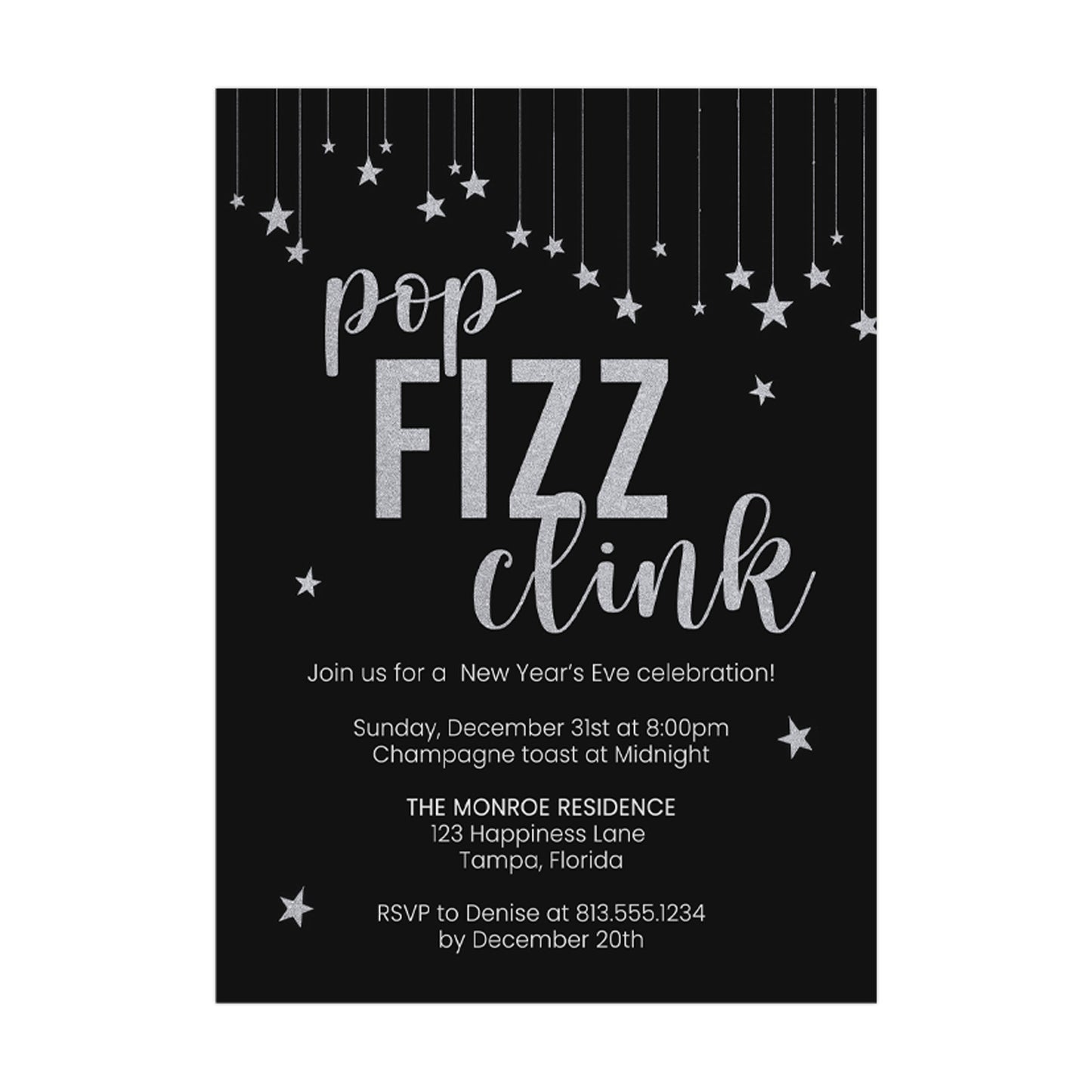 New Year’s Eve Party Invitations, Pop Fizz Clink Champagne Toast Celebration, Gold or Silver Stars