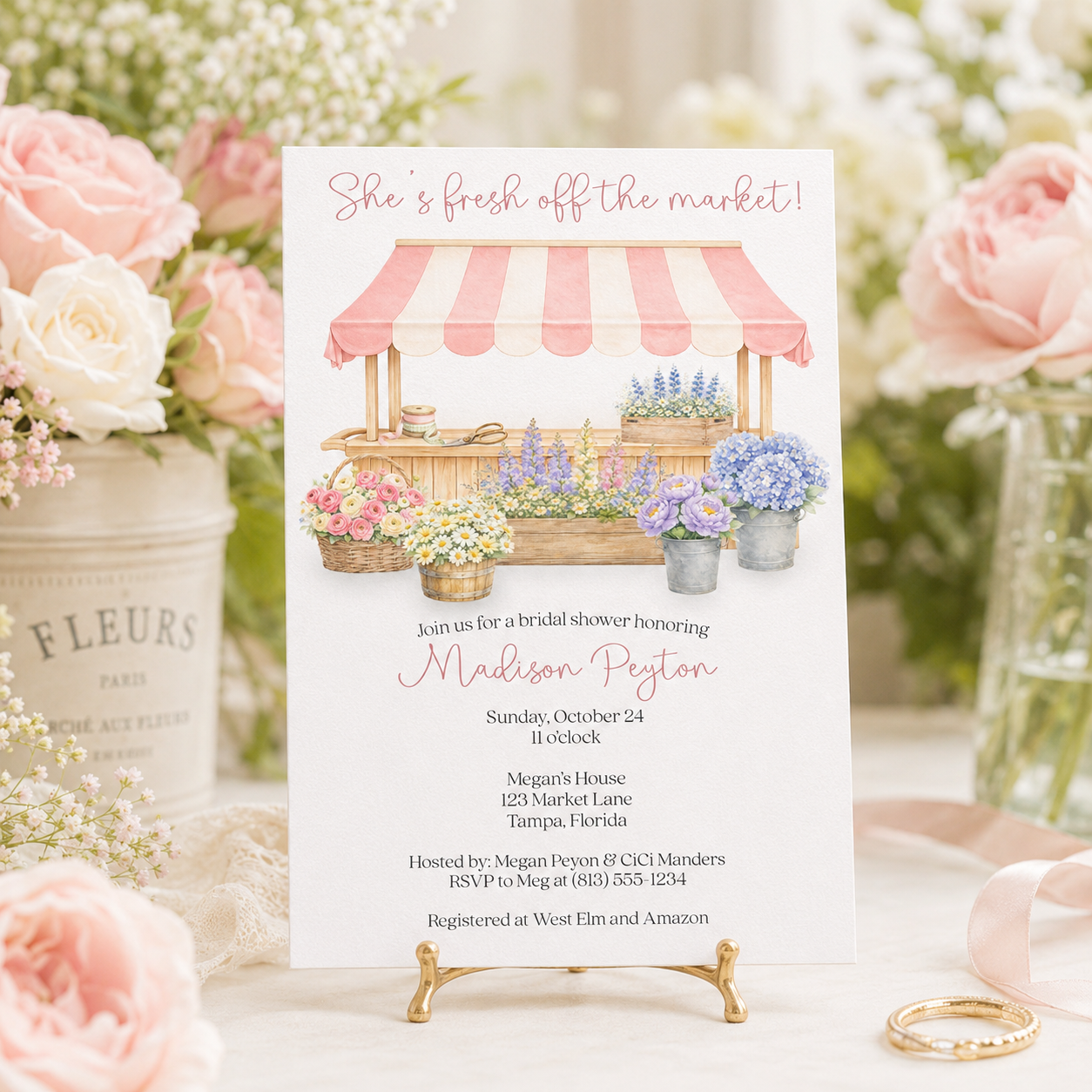 She's Fresh Off the Market Flower Cart Bridal Shower Invitation
