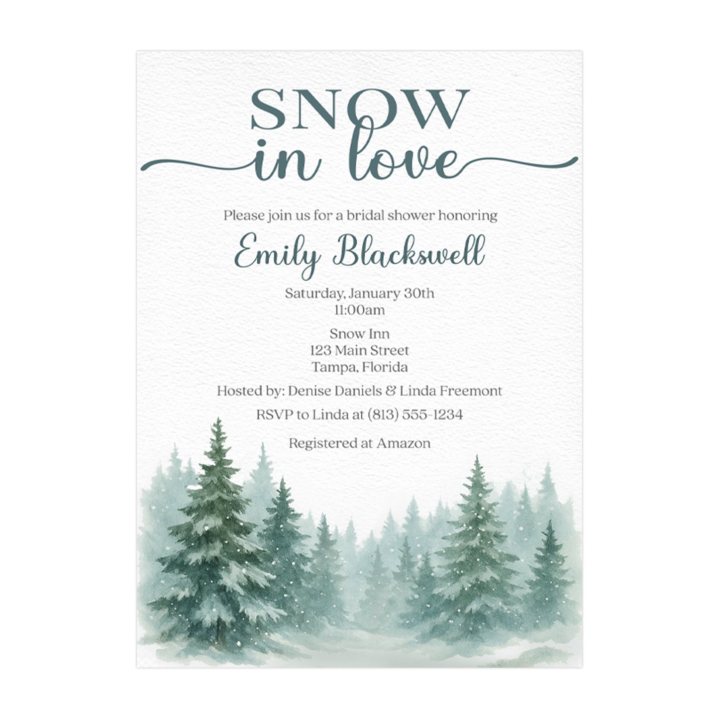 Snow in Love with Pine Trees Bridal Shower Invitation