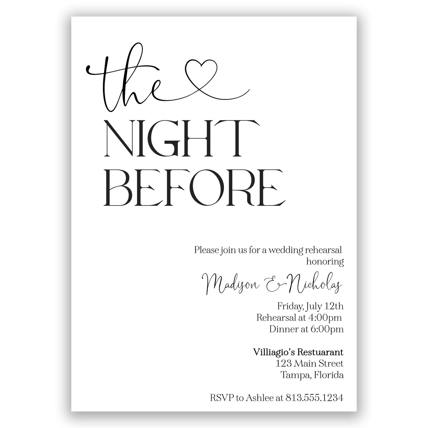 The Night Before Bridal Rehearsal Invitation with Envelopes