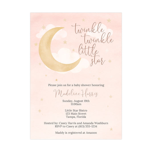 Twinkle Twinkle Little Star Baby Shower Invitations Pink Moon and Stars Design with Envelopes