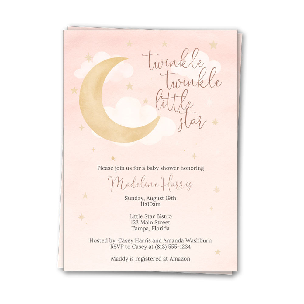 Twinkle Twinkle Little Star Baby Shower Invitations Pink Moon and Stars Design with Envelopes