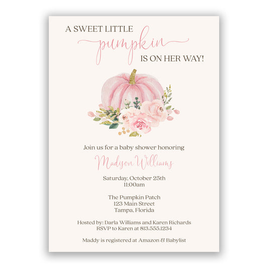 Painted Pumpkin Baby Shower Invitation, available in pink and blue