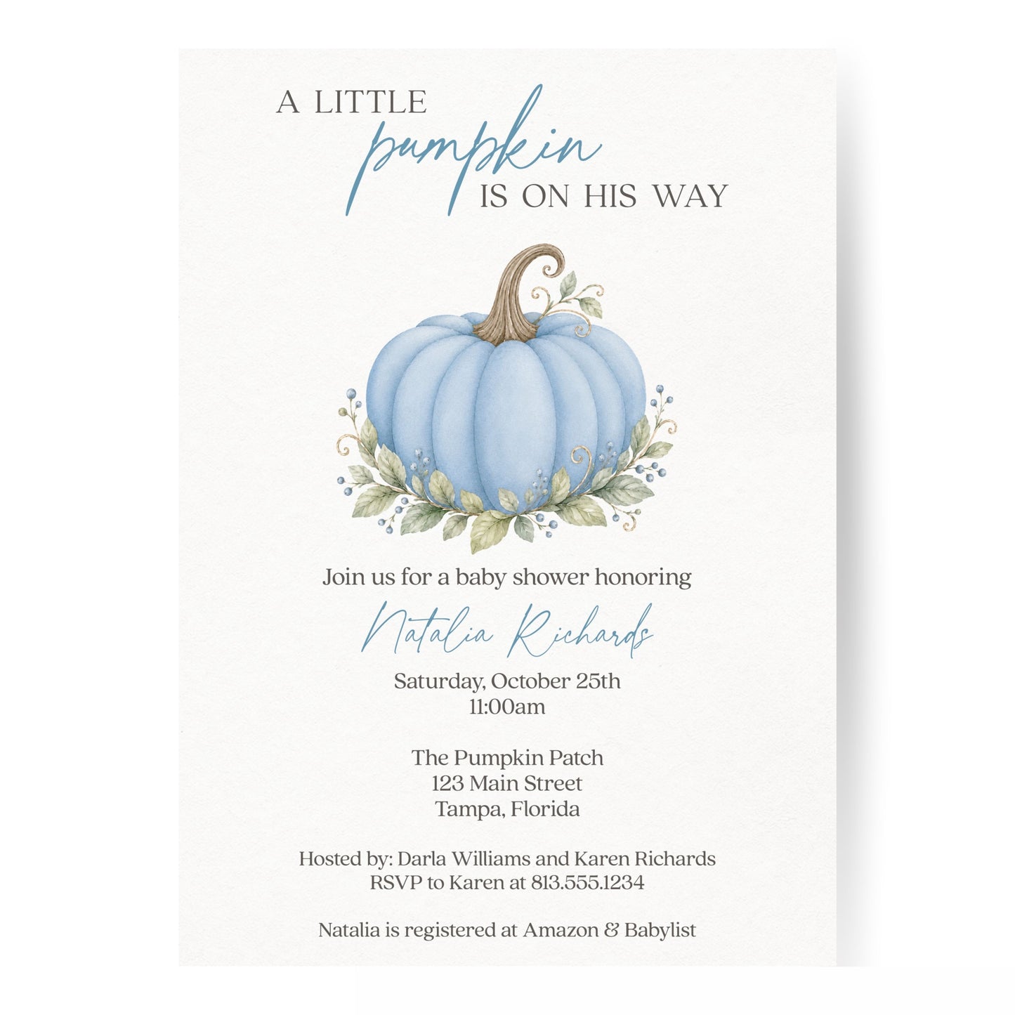 Painted Pumpkin Blue Baby Shower Invitation