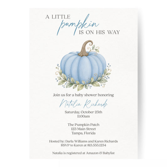 Painted Pumpkin Blue Baby Shower Invitation