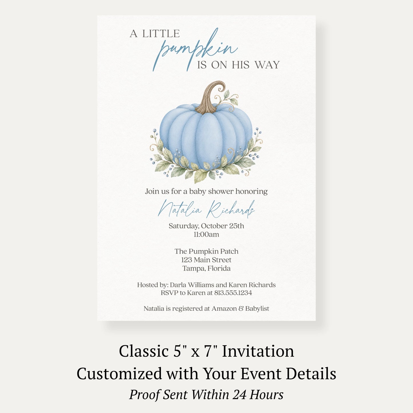 Painted Pumpkin Blue Baby Shower Invitation