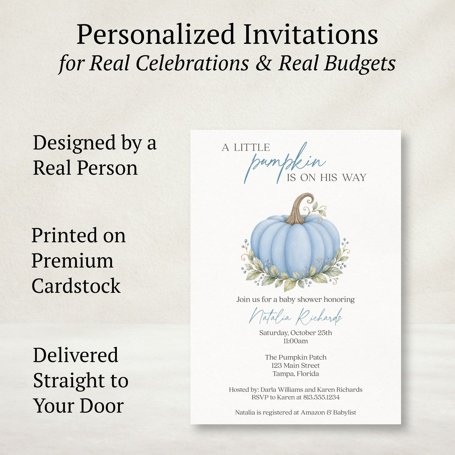 Painted Pumpkin Blue Baby Shower Invitation