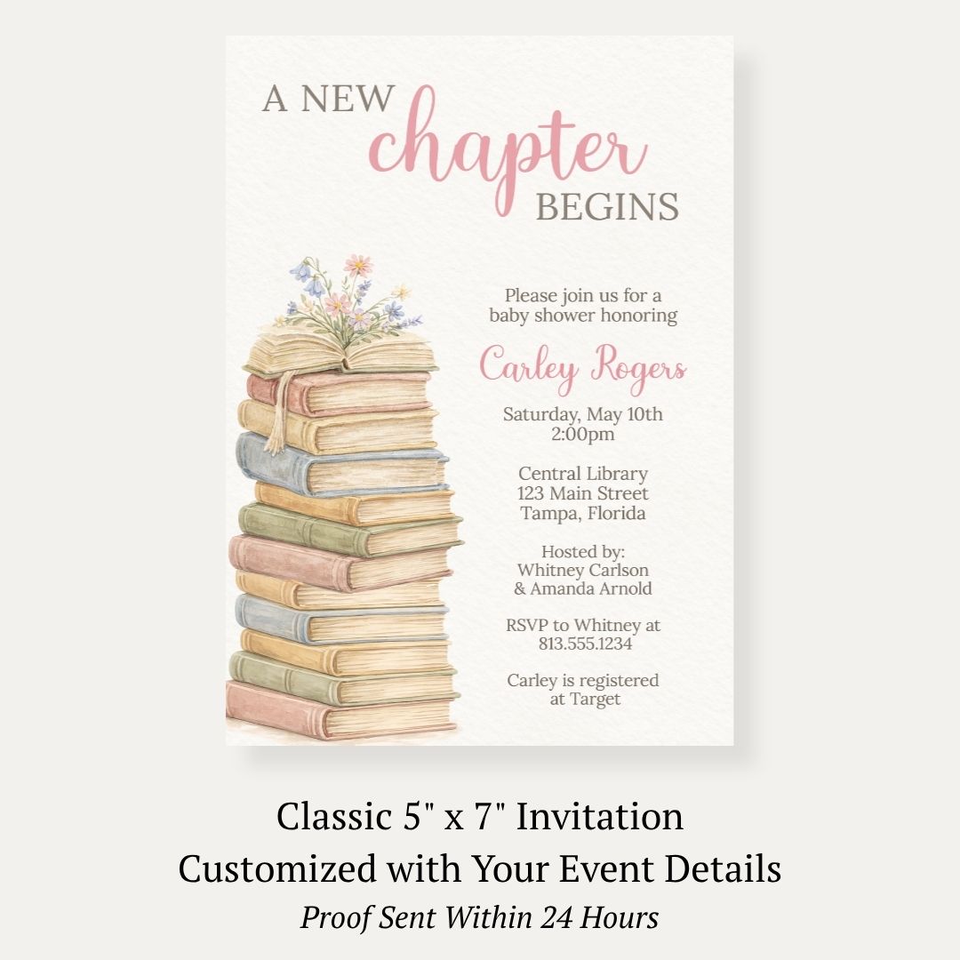 A New Chapter Girl Is About To Begin Baby Shower Invitation