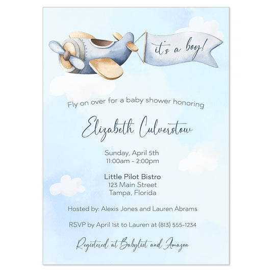 Watercolor Airplane Baby Shower Invitation