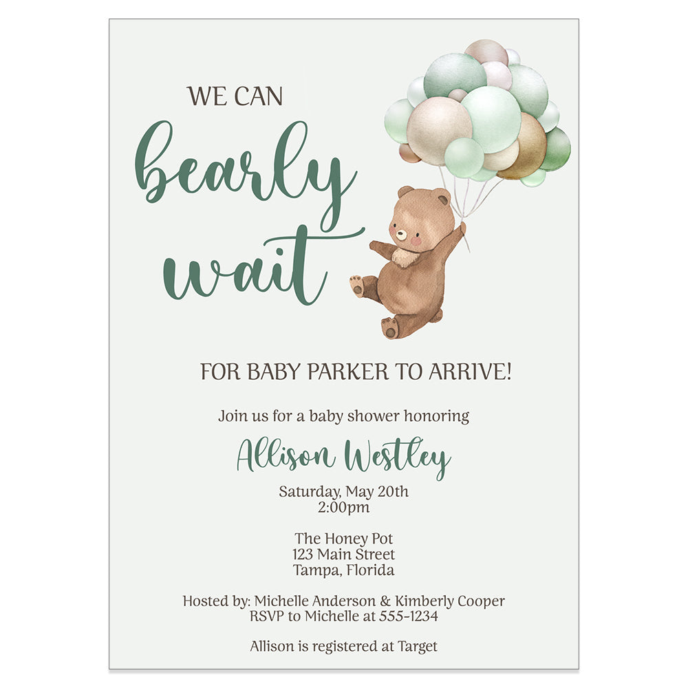 Bearly Wait, Green, Baby Shower Invitation