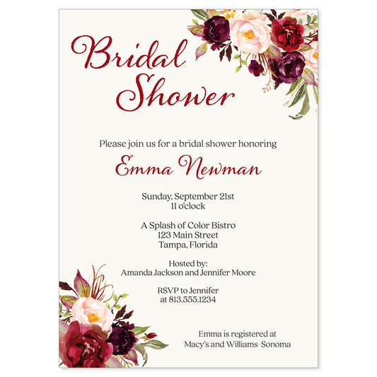 Burgundy Blooms Bridal Shower Invitation