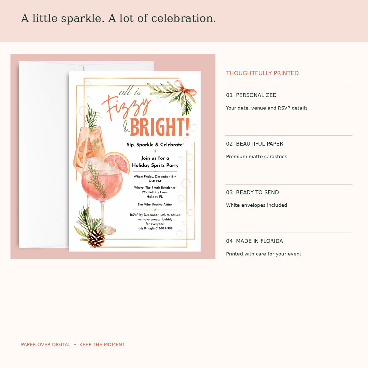 Original Fizzy and Bright invitation and printed paper quality details