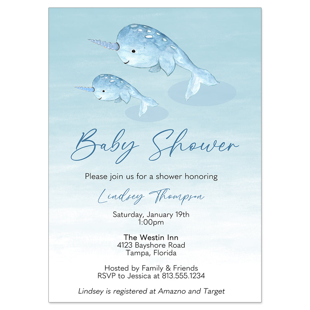 Watercolor Narwhal Baby Shower Invitation