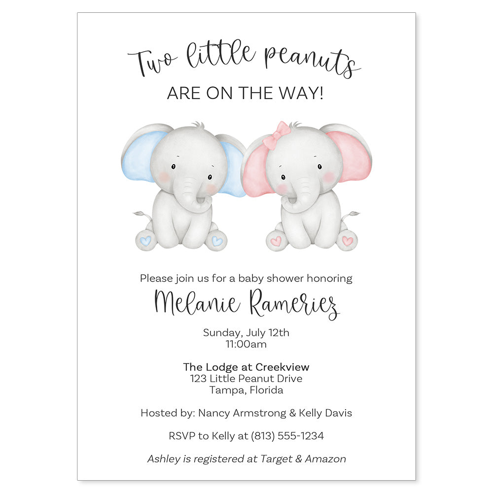 Twin Elephant Baby Shower Invitation