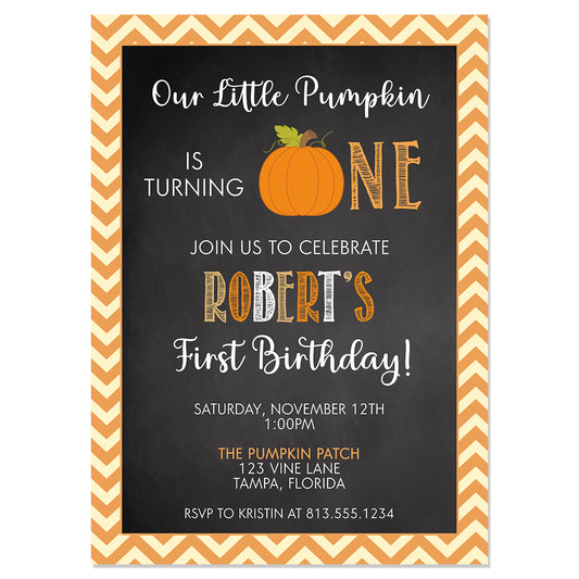 Chalkboard Pumpkin First Birthday Party Invitation