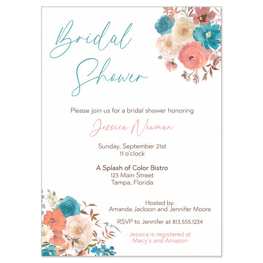 Teal and Coral Blooms Bridal Shower Invitation