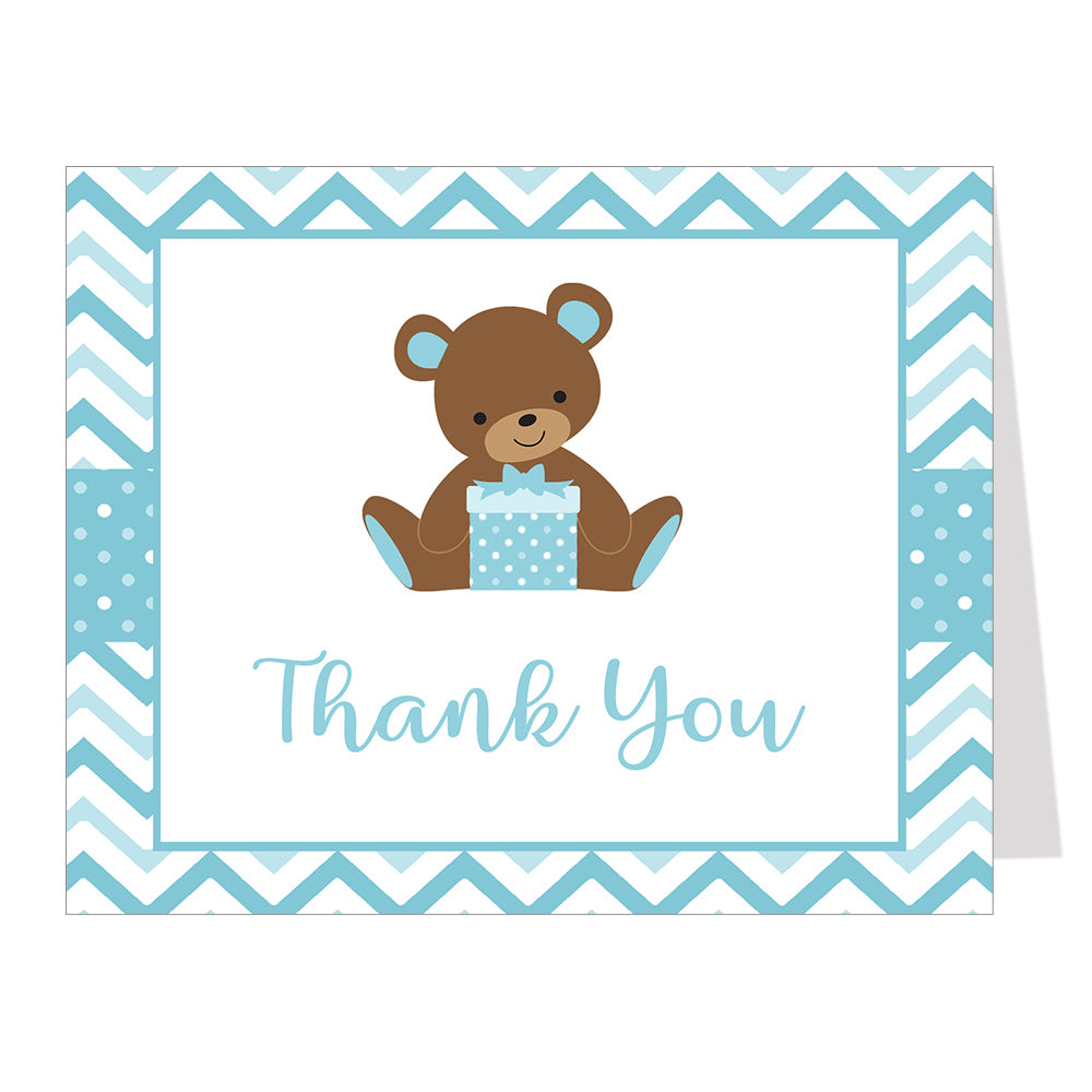 Chevron Teddy Bear Blue Baby Shower Thank You Card