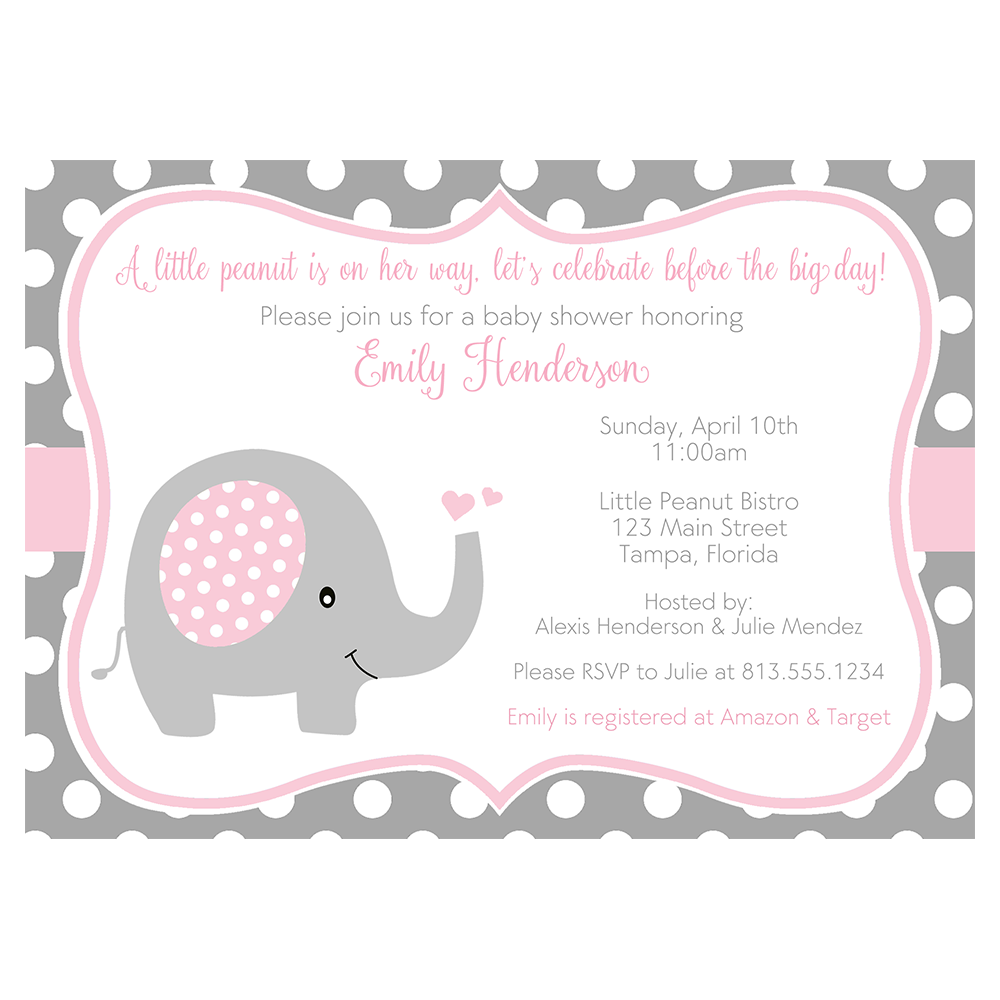 Polka Dot Elephant Baby Shower Invitation, Pink & Purple