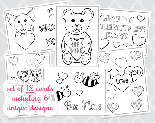 Valentine's Day Coloring Cards Set of 12