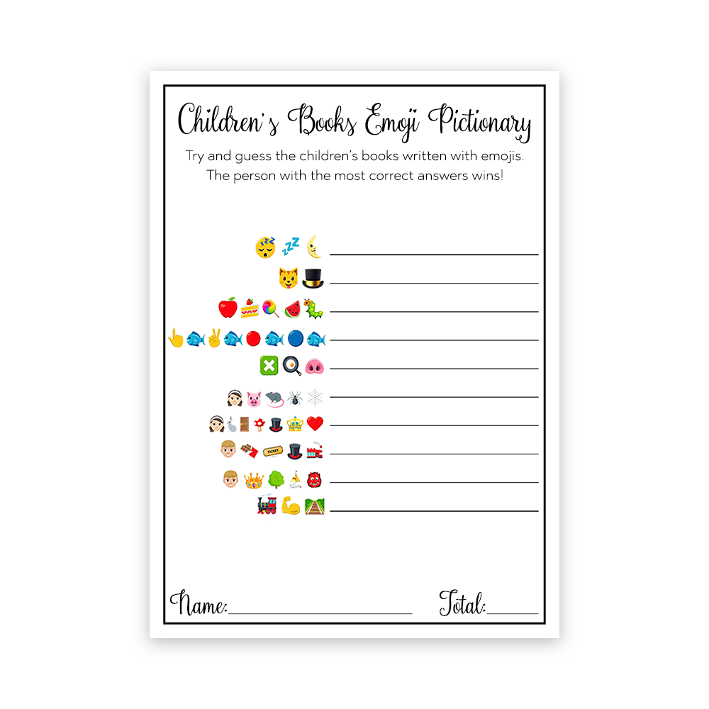 Children's Book Emoji Pictionary Baby Shower Game Cards