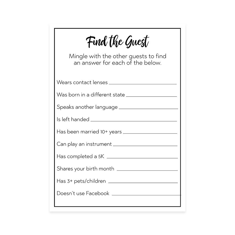 Find the Guest Bridal Shower Game Card