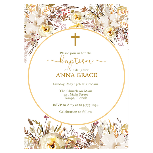 Floral Circles Cross Gold Invitation