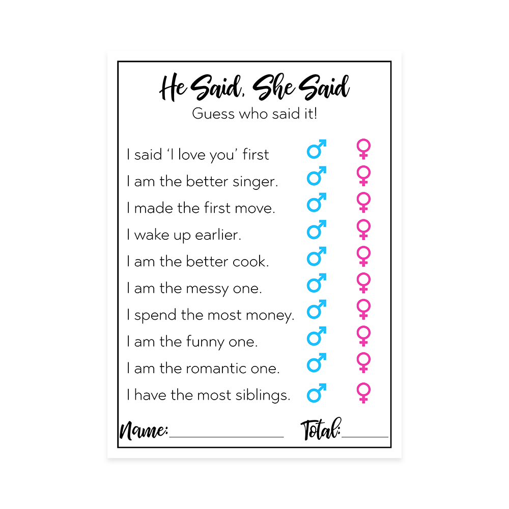 He Said She Said Bridal Shower Game Card