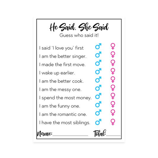 He Said She Said Bridal Shower Game Card
