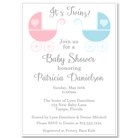 Lovely Carriages Twins Baby Shower Invitation