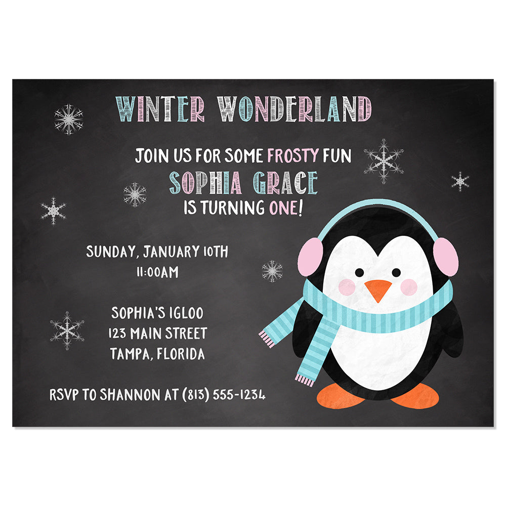 Penguin Winter Onederland Birthday Party Invitation